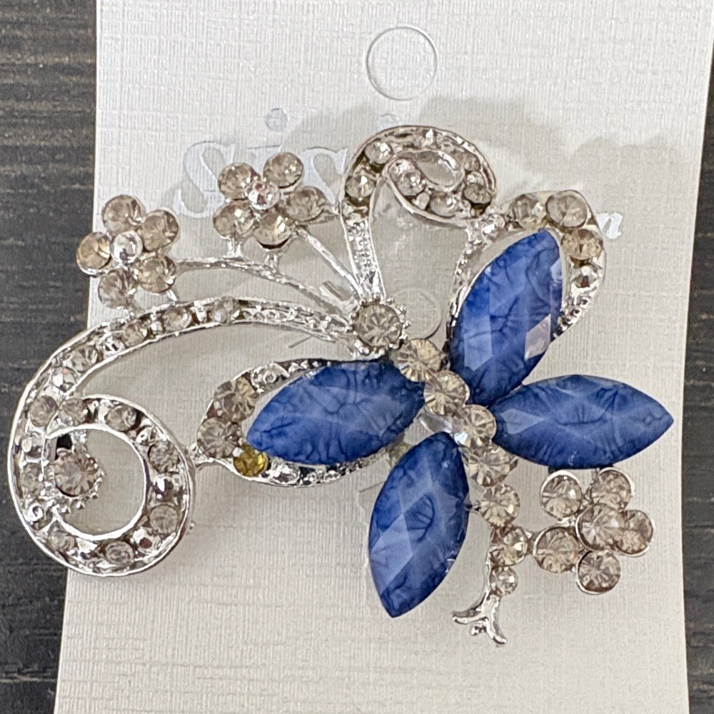 Crystal Butterfly Brooch in Silver and Blue